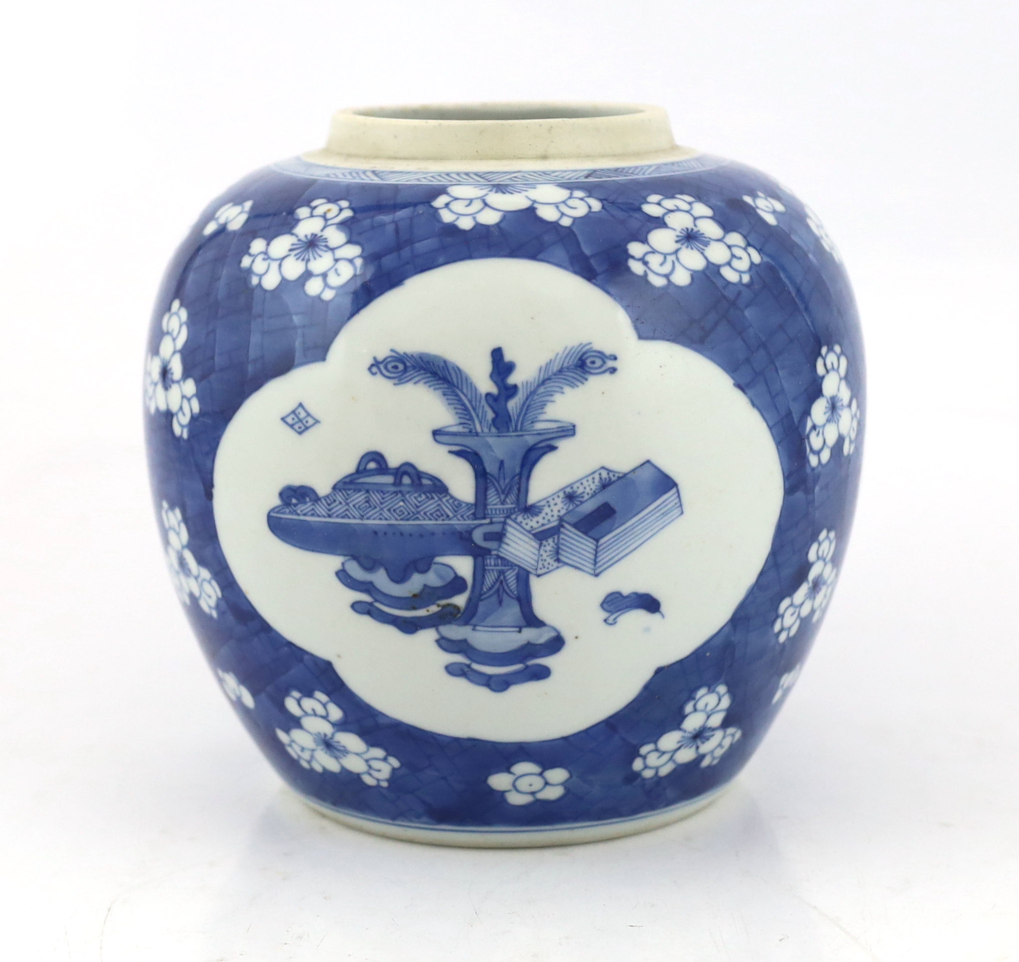 A Chinese blue and white ‘Antiques’ jar, Kangxi period, minor restoration to rim